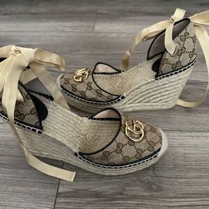 Gucci Tan Monogram Wedge Sandals